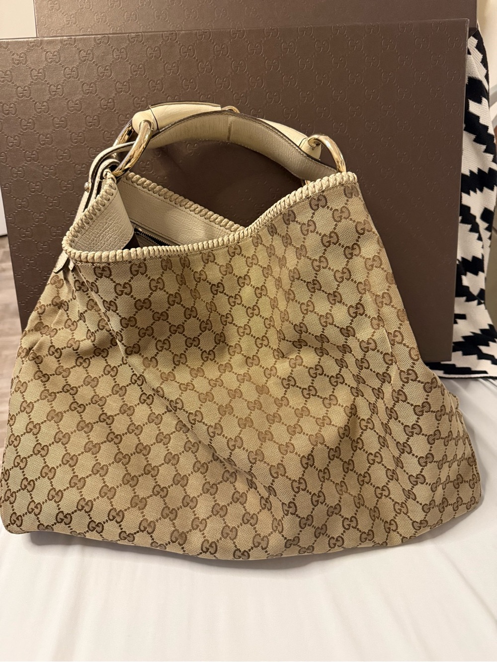Gucci Beige Monogram Canvas Shoulder Bag with Cream Trim